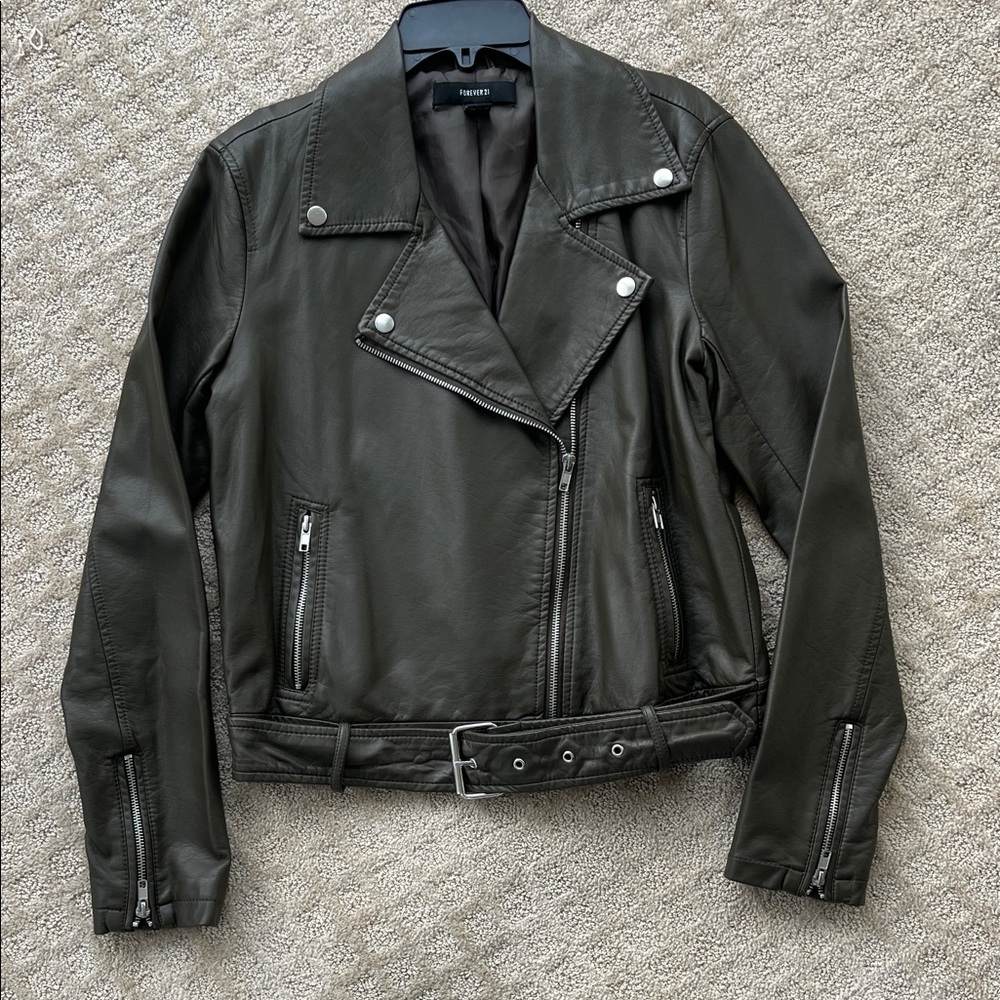 Forever 21 Dark Olive Faux Leather Jacket w/Belt